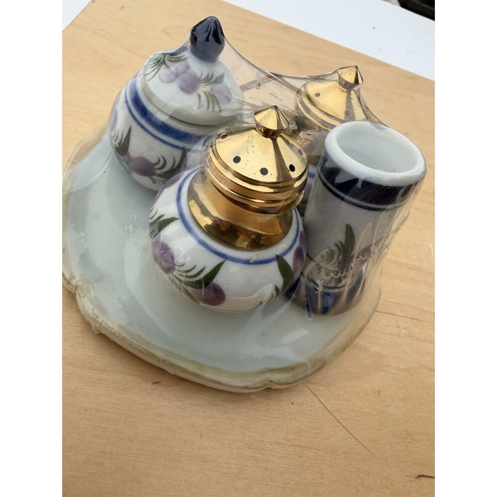 Vintage Mature, Ceramic Condiment Set With Brass Tone, Metal Lids